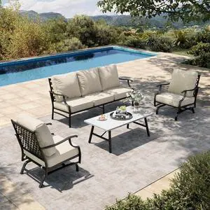 HERA'S HOUSE 4-Piece Metal Outdoor Conversation Set, 5 Seats, Beige Rocker | Coffee Table, Single chairs could support up to 350lbs HERA'S HOUSE 4-Piece Metal Outdoor Conversation Set, 5 Seats, Beige Rocker | Coffee Table, Single chairs could support up to 350lbs