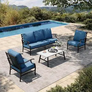 HERA'S HOUSE 4-Piece Metal Outdoor Conversation Set, 5 Seats | Pacific Blue Leg Chair, Coffee Table, Single chairs could support up to 350lbs HERA'S HOUSE 4-Piece Metal Outdoor Conversation Set, 5 Seats | Pacific Blue Leg Chair, Coffee Table, Single chairs could support up to 350lbs