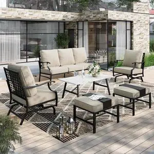HERA'S HOUSE 6-Piece Patio Conversation Set, 7-Seat, Modular Design, Beige | 2 Ottomans, 1 3-Seat Sofa, Coffee Table, Ottomans, All-Weather, For Garden, Deck, Backyard HERA'S HOUSE 6-Piece Patio Conversation Set, 7-Seat, Modular Design, Beige | 2 Ottomans, 1 3-Seat Sofa, Coffee Table, Ottomans, All-Weather, For Garden, Deck, Backyard