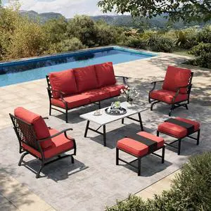 HERA'S HOUSE 6-Piece Wrought Iron Outdoor Conversation Set, 7 Seats | Red Rocker + Ottoman, Coffee Table, Single chairs could support up to 350lbs HERA'S HOUSE 6-Piece Wrought Iron Outdoor Conversation Set, 7 Seats | Red Rocker + Ottoman, Coffee Table, Single chairs could support up to 350lbs