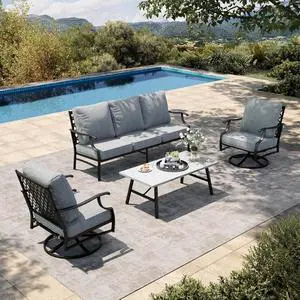 HERA'S HOUSE 4-Piece Metal Wrought Iron Outdoor Conversation Set, 5 Seats | Gray Swivel Chair, Coffee Table, Single chairs could support up to 350lbs HERA'S HOUSE 4-Piece Metal Wrought Iron Outdoor Conversation Set, 5 Seats | Gray Swivel Chair, Coffee Table, Single chairs could support up to 350lbs