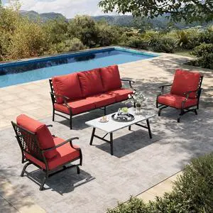 HERA'S HOUSE 4-Piece Metal Outdoor Conversation Set, 5 Seats, Red Rocker | Coffee Table, Single chairs could support up to 350lbs HERA'S HOUSE 4-Piece Metal Outdoor Conversation Set, 5 Seats, Red Rocker | Coffee Table, Single chairs could support up to 350lbs