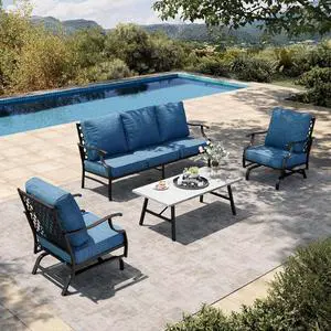 HERA'S HOUSE 4-Piece Metal Outdoor Conversation Set, 5 Seats | Pacific Blue Rocker, Coffee Table, Single chairs could support up to 350lbs HERA'S HOUSE 4-Piece Metal Outdoor Conversation Set, 5 Seats | Pacific Blue Rocker, Coffee Table, Single chairs could support up to 350lbs