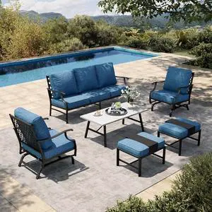 HERA'S HOUSE 6-Piece Wrought Iron Outdoor Conversation Set, 7 Seats | Pacific Blue Rocker + Ottoman, Coffee Table, Single chairs could support up to 350lbs HERA'S HOUSE 6-Piece Wrought Iron Outdoor Conversation Set, 7 Seats | Pacific Blue Rocker + Ottoman, Coffee Table, Single chairs could support up to 350lbs