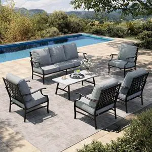 HERA'S HOUSE 6-Piece Metal Outdoor Conversation Set, 7 Seats | Gray Leg Chair, Coffee Table, Single chairs could support up to 350lbs HERA'S HOUSE 6-Piece Metal Outdoor Conversation Set, 7 Seats | Gray Leg Chair, Coffee Table, Single chairs could support up to 350lbs