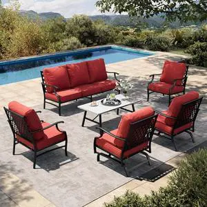 HERA'S HOUSE 6-Piece Metal Wrought Iron Outdoor Conversation Set, 7 Seats | Red Leg Chair + Rocker, Coffee Table, Single chairs could support up to 350lbs HERA'S HOUSE 6-Piece Metal Wrought Iron Outdoor Conversation Set, 7 Seats | Red Leg Chair + Rocker, Coffee Table, Single chairs could support up to 350lbs