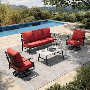 HERA'S HOUSE 4-Piece Metal Wrought Iron Outdoor Conversation Set, 5 Seats | Red Swivel Chair, Coffee Table, Single chairs could support up to 350lbs HERA'S HOUSE 4-Piece Metal Wrought Iron Outdoor Conversation Set, 5 Seats | Red Swivel Chair, Coffee Table, Single chairs could support up to 350lbs