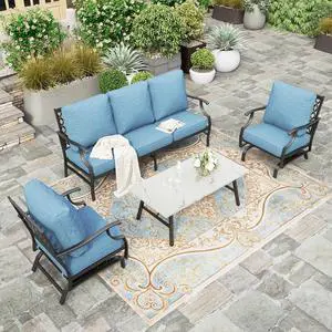 HERA'S HOUSE 4-Piece Metal Outdoor Conversation Set, 5 Seats | Navy Blue Rocker, Coffee Table, Single chairs could support up to 350lbs HERA'S HOUSE 4-Piece Metal Outdoor Conversation Set, 5 Seats | Navy Blue Rocker, Coffee Table, Single chairs could support up to 350lbs
