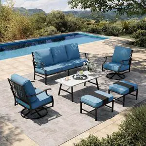 HERA'S HOUSE 6-Piece Wrought Iron Outdoor Conversation Set, 7 Seats | Navy Blue Swivel Chair + Ottoman, Coffee Table, Single chairs could support up to 350lbs HERA'S HOUSE 6-Piece Wrought Iron Outdoor Conversation Set, 7 Seats | Navy Blue Swivel Chair + Ottoman, Coffee Table, Single chairs could support up to 350lbs