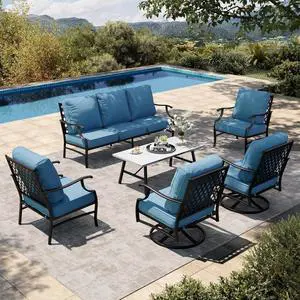 HERA'S HOUSE 6-Piece Metal Wrought Iron Outdoor Conversation Set, 7 Seats | Navy Blue Leg Chair + Swivel Chair, Coffee Table, Single chairs could support up to 350lbs HERA'S HOUSE 6-Piece Metal Wrought Iron Outdoor Conversation Set, 7 Seats | Navy Blue Leg Chair + Swivel Chair, Coffee Table, Single chairs could support up to 350lbs