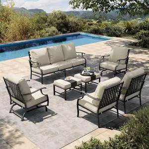 HERA'S HOUSE 7-Piece Patio Conversation Set, 9-Seat, Rocking Chairs, Beige | 2 Rocking Chairs, 2 Ottomans, 1 3-Seat Sofa, Ottomans, Modular Design, All-Weather, For Garden, Deck, Backyard HERA'S HOUSE 7-Piece Patio Conversation Set, 9-Seat, Rocking Chairs, Beige | 2 Rocking Chairs, 2 Ottomans, 1 3-Seat Sofa, Ottomans, Modular Design, All-Weather, For Garden, Deck, Backyard