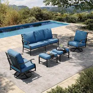 HERA'S HOUSE 5-Piece Metal Outdoor Conversation Set, 7 Seats | Pacific Blue Swivel Chair + Ottoman, Single chairs could support up to 350lbs HERA'S HOUSE 5-Piece Metal Outdoor Conversation Set, 7 Seats | Pacific Blue Swivel Chair + Ottoman, Single chairs could support up to 350lbs