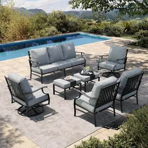 HERA'S HOUSE 7-Piece Patio Conversation Set, 9-Seat, Swivel Chairs, Grey | 2 Swivel Chairs, 2 Ottomans, 1 3-Seat Sofa, Ottomans, Modular Design, All-Weather, For Garden, Deck, Backyard HERA'S HOUSE 7-Piece Patio Conversation Set, 9-Seat, Swivel Chairs, Grey | 2 Swivel Chairs, 2 Ottomans, 1 3-Seat Sofa, Ottomans, Modular Design, All-Weather, For Garden, Deck, Backyard