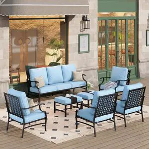 HERA'S HOUSE 7-Piece Metal Patio Conversation Set, 9-Seat, Modular Design | Blue, 2 Ottomans, 1 3-Seat Sofa, Ottomans, All-Weather, For Garden, Deck, Backyard HERA'S HOUSE 7-Piece Metal Patio Conversation Set, 9-Seat, Modular Design | Blue, 2 Ottomans, 1 3-Seat Sofa, Ottomans, All-Weather, For Garden, Deck, Backyard