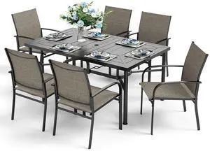 HERA'S HOUSE 7pc Patio Dining Set for 6, Textilene Chairs, Grey | 64" rectangular metal table with umbrella hole. Waterproof, rust-resistant, all-weather for outdoor backyard, porch HERA'S HOUSE 7pc Patio Dining Set for 6, Textilene Chairs, Grey | 64" rectangular metal table with umbrella hole. Waterproof, rust-resistant, all-weather for outdoor backyard, porch