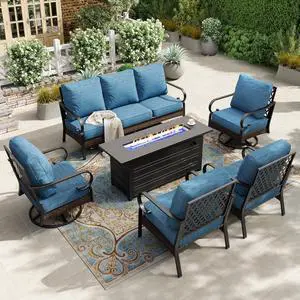 HERA'S HOUSE 6 PCS Metal Patio Furniture Set with 56" Fire Pit Table | 2 Swivel + 2 Fixed Size, Black-pacific Blue Color, Modern Style HERA'S HOUSE 6 PCS Metal Patio Furniture Set with 56" Fire Pit Table | 2 Swivel + 2 Fixed Size, Black-pacific Blue Color, Modern Style