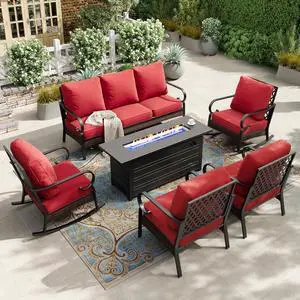 HERA'S HOUSE 6-Piece Metal Outdoor Conversation Set, 56 in Fire Pit Table | 7 Seats, Black/red, Rocking Chair, Single chairs could support up to 350lbs HERA'S HOUSE 6-Piece Metal Outdoor Conversation Set, 56 in Fire Pit Table | 7 Seats, Black/red, Rocking Chair, Single chairs could support up to 350lbs