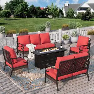 HERA'S HOUSE 5-Piece Metal Outdoor Conversation Set, 56 in Fire Pit Table | 7 Seats, Black/red, Single chairs could support up to 350lbs HERA'S HOUSE 5-Piece Metal Outdoor Conversation Set, 56 in Fire Pit Table | 7 Seats, Black/red, Single chairs could support up to 350lbs