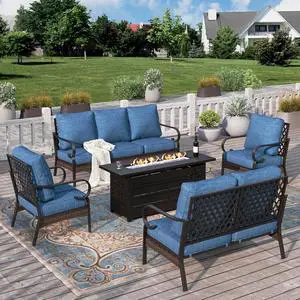 HERA'S HOUSE 5-Piece Metal Outdoor Conversation Set, 56 in Fire Pit Table | 7 Seats, Black/Pacific Blue, Single chairs could support up to 350lbs HERA'S HOUSE 5-Piece Metal Outdoor Conversation Set, 56 in Fire Pit Table | 7 Seats, Black/Pacific Blue, Single chairs could support up to 350lbs