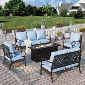 HERA'S HOUSE 5-Piece Metal Outdoor Conversation Set, 56 in Fire Pit Table | 7 Seats, Black/blue, Single chairs could support up to 350lbs HERA'S HOUSE 5-Piece Metal Outdoor Conversation Set, 56 in Fire Pit Table | 7 Seats, Black/blue, Single chairs could support up to 350lbs