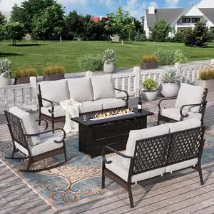 HERA'S HOUSE 5-Piece Metal Outdoor Conversation Set, 56 in Fire Pit Table | 7 Seats, Black/Light Gray, Rocking Chair, Single chairs could support up to 350lbs HERA'S HOUSE 5-Piece Metal Outdoor Conversation Set, 56 in Fire Pit Table | 7 Seats, Black/Light Gray, Rocking Chair, Single chairs could support up to 350lbs