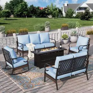 HERA'S HOUSE 5-Piece Metal Outdoor Conversation Set, 56 in Fire Pit Table | 7 Seats, Black/blue, Rocking Chair, Single chairs could support up to 350lbs HERA'S HOUSE 5-Piece Metal Outdoor Conversation Set, 56 in Fire Pit Table | 7 Seats, Black/blue, Rocking Chair, Single chairs could support up to 350lbs