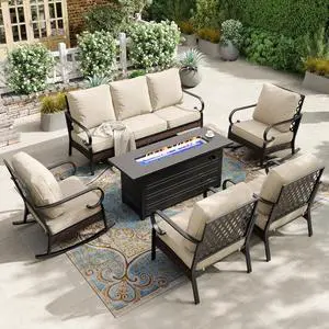 HERA'S HOUSE 6-Piece Metal Outdoor Conversation Set, 56 in Fire Pit Table | 7 Seats, Black/beige, Rocking Chair, Single chairs could support up to 350lbs HERA'S HOUSE 6-Piece Metal Outdoor Conversation Set, 56 in Fire Pit Table | 7 Seats, Black/beige, Rocking Chair, Single chairs could support up to 350lbs