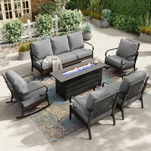 HERA'S HOUSE 6-Piece Metal Outdoor Conversation Set, 56 in Fire Pit Table | 7 Seats, Black/Gray, Rocking Chair, Single chairs could support up to 350lbs HERA'S HOUSE 6-Piece Metal Outdoor Conversation Set, 56 in Fire Pit Table | 7 Seats, Black/Gray, Rocking Chair, Single chairs could support up to 350lbs