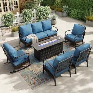 HERA'S HOUSE 6-Piece Metal Outdoor Conversation Set, 56 in Fire Pit Table | 7 Seats, Black/Pacific Blue, Rocking Chair, Single chairs could support up to 350lbs HERA'S HOUSE 6-Piece Metal Outdoor Conversation Set, 56 in Fire Pit Table | 7 Seats, Black/Pacific Blue, Rocking Chair, Single chairs could support up to 350lbs
