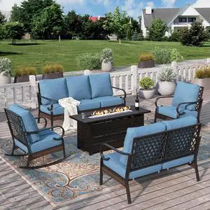 HERA'S HOUSE 5-Piece Metal Outdoor Conversation Set, 56 in Fire Pit Table | 7 Seats, Black/Navy Blue, Rocking Chair, Single chairs could support up to 350lbs HERA'S HOUSE 5-Piece Metal Outdoor Conversation Set, 56 in Fire Pit Table | 7 Seats, Black/Navy Blue, Rocking Chair, Single chairs could support up to 350lbs