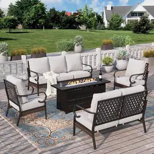 HERA'S HOUSE 5-Piece Metal Outdoor Conversation Set, 56 in Fire Pit Table | 7 Seats, Black/Light Gray, Single chairs could support up to 350lbs HERA'S HOUSE 5-Piece Metal Outdoor Conversation Set, 56 in Fire Pit Table | 7 Seats, Black/Light Gray, Single chairs could support up to 350lbs