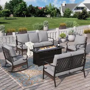 HERA'S HOUSE 5-Piece Metal Outdoor Conversation Set, 56 in Fire Pit Table | 7 Seats, Black/Gray, Rocking Chair, Single chairs could support up to 350lbs HERA'S HOUSE 5-Piece Metal Outdoor Conversation Set, 56 in Fire Pit Table | 7 Seats, Black/Gray, Rocking Chair, Single chairs could support up to 350lbs