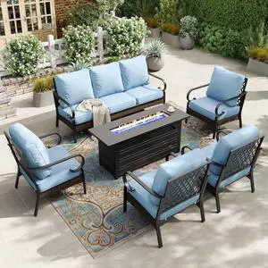 HERA'S HOUSE 6-Piece Metal Outdoor Conversation Set, 56 in Fire Pit Table | 7 Seats, Black/blue, Single chairs could support up to 350lbs HERA'S HOUSE 6-Piece Metal Outdoor Conversation Set, 56 in Fire Pit Table | 7 Seats, Black/blue, Single chairs could support up to 350lbs