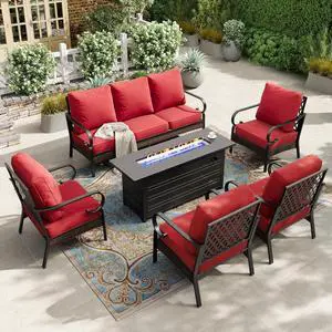 HERA'S HOUSE 6-Piece Metal Outdoor Conversation Set, 56 in Fire Pit Table | 7 Seats, Black/red, Single chairs could support up to 350lbs HERA'S HOUSE 6-Piece Metal Outdoor Conversation Set, 56 in Fire Pit Table | 7 Seats, Black/red, Single chairs could support up to 350lbs
