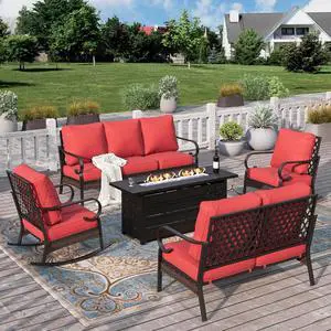 HERA'S HOUSE 5-Piece Metal Outdoor Conversation Set, 56 in Fire Pit Table | 7 Seats, Black/red, Rocking Chair, Single chairs could support up to 350lbs HERA'S HOUSE 5-Piece Metal Outdoor Conversation Set, 56 in Fire Pit Table | 7 Seats, Black/red, Rocking Chair, Single chairs could support up to 350lbs