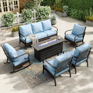 HERA'S HOUSE 6-Piece Metal Outdoor Conversation Set, 56 in Fire Pit Table | 7 Seats, Black/blue, Rocking Chair, Single chairs could support up to 350lbs HERA'S HOUSE 6-Piece Metal Outdoor Conversation Set, 56 in Fire Pit Table | 7 Seats, Black/blue, Rocking Chair, Single chairs could support up to 350lbs