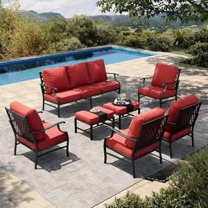 HERA'S HOUSE 7-Piece Metal Patio Conversation Set, 9-Seat, Red | 4 Chairs, 2 Ottomans, 1 3-Seat Sofa, Ottomans, All-Weather, For Garden, Deck, Backyard HERA'S HOUSE 7-Piece Metal Patio Conversation Set, 9-Seat, Red | 4 Chairs, 2 Ottomans, 1 3-Seat Sofa, Ottomans, All-Weather, For Garden, Deck, Backyard