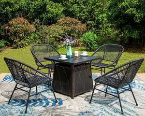 HERA'S HOUSE 5 Pieces Patio Fire Table Set, 4 Rattan Patio Chairs with 25" Propane Fire Pit, Outdoor Furniture Conversation Set for Garden, Backyard HERA'S HOUSE 5 Pieces Patio Fire Table Set, 4 Rattan Patio Chairs with 25" Propane Fire Pit, Outdoor Furniture Conversation Set for Garden, Backyard