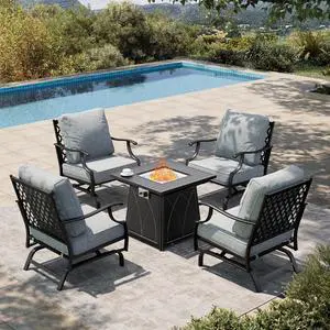 HERA'S HOUSE 5 Pieces Patio Furniture Set with Fire Pit Table, 4 x Thick Cushioned Rocking Chairs, 1 x 28 Fire Pit Table (50,000 BTU), Outdoor Conversation Set for Garden, Backyard, Lawn, Grey HERA'S HOUSE 5 Pieces Patio Furniture Set with Fire Pit Table, 4 x Thick Cushioned Rocking Chairs, 1 x 28 Fire Pit Table (50,000 BTU), Outdoor Conversation Set for Garden, Backyard, Lawn, Grey