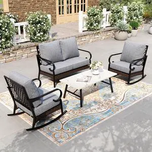 HERA'S HOUSE 4 Pieces Metal Patio Furniture Set, 2 x Rocking Cushioned Chair, 2-Seat Lover Sofa with Coffee Table, All Weather Outdoor Conversation Set for Lawn Garden Backyard Deck, Grey HERA'S HOUSE 4 Pieces Metal Patio Furniture Set, 2 x Rocking Cushioned Chair, 2-Seat Lover Sofa with Coffee Table, All Weather Outdoor Conversation Set for Lawn Garden Backyard Deck, Grey