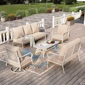 HERA'S HOUSE 5-Piece Metal Outdoor Conversation Set, 7 Seats | White Frame/beige, Coffee Table, Single chairs could support up to 350lbs HERA'S HOUSE 5-Piece Metal Outdoor Conversation Set, 7 Seats | White Frame/beige, Coffee Table, Single chairs could support up to 350lbs