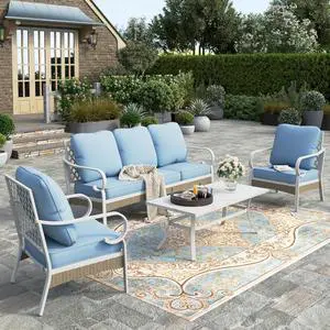 HERA'S HOUSE 4 Piece Patio Furniture Set, 2 x Cushioned Metal Chair, 1 x 3-Seat Sofa with Marbling Coffee Table, All Cushioned 5 Seats Outdoor Conversation Set for Lawn Garden Backyard, Blue HERA'S HOUSE 4 Piece Patio Furniture Set, 2 x Cushioned Metal Chair, 1 x 3-Seat Sofa with Marbling Coffee Table, All Cushioned 5 Seats Outdoor Conversation Set for Lawn Garden Backyard, Blue