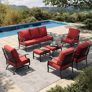 HERA'S HOUSE 7-Piece Metal Patio Conversation Set, 7-Seat, Swivel Chairs | Red, 2 Swivel Chairs, 2 Chairs, 2 Ottomans, 1 3-Seat Sofa, Ottomans, For Garden, Backyard HERA'S HOUSE 7-Piece Metal Patio Conversation Set, 7-Seat, Swivel Chairs | Red, 2 Swivel Chairs, 2 Chairs, 2 Ottomans, 1 3-Seat Sofa, Ottomans, For Garden, Backyard