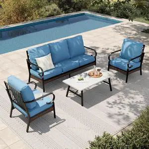 HERA'S HOUSE 4-Piece Metal Outdoor Conversation Set, 5 Seats | Black/Navy Blue, Coffee Table, Single chairs could support up to 350lbs HERA'S HOUSE 4-Piece Metal Outdoor Conversation Set, 5 Seats | Black/Navy Blue, Coffee Table, Single chairs could support up to 350lbs