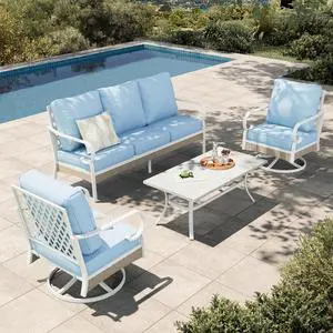 HERA'S HOUSE 4-Piece Rattan Metal Patio Conversation Set, 5-Seat, White | 2 Swivel Chairs, 1 3-Seat Sofa, Swivel Chairs, Coffee Table, All-Weather, For Garden, Deck, Backyard HERA'S HOUSE 4-Piece Rattan Metal Patio Conversation Set, 5-Seat, White | 2 Swivel Chairs, 1 3-Seat Sofa, Swivel Chairs, Coffee Table, All-Weather, For Garden, Deck, Backyard