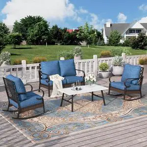 HERA'S HOUSE 4-Piece Metal Outdoor Conversation Set, 4 Seats | Black/Pacific Blue, Coffee Table, Single chairs could support up to 350lbs HERA'S HOUSE 4-Piece Metal Outdoor Conversation Set, 4 Seats | Black/Pacific Blue, Coffee Table, Single chairs could support up to 350lbs
