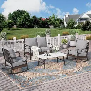 HERA'S HOUSE 4-Piece Metal Outdoor Conversation Set, 4 Seats, Black/Gray | Coffee Table, Single chairs could support up to 350lbs HERA'S HOUSE 4-Piece Metal Outdoor Conversation Set, 4 Seats, Black/Gray | Coffee Table, Single chairs could support up to 350lbs