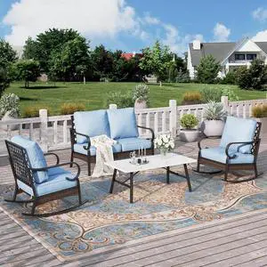 HERA'S HOUSE 4 Piece Metal Patio Furniture Set, 2 x Rocking Cushioned Chair, 2-Seat Lover Sofa with Coffee Table, All Weather Outdoor Conversation Set for Lawn Garden Backyard Deck, Blue HERA'S HOUSE 4 Piece Metal Patio Furniture Set, 2 x Rocking Cushioned Chair, 2-Seat Lover Sofa with Coffee Table, All Weather Outdoor Conversation Set for Lawn Garden Backyard Deck, Blue