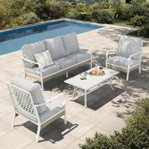HERA'S HOUSE 4-Piece Rattan Metal Outdoor Conversation Set, 5 Seats | White/Light Gray, Coffee Table, Single chairs could support up to 350lbs HERA'S HOUSE 4-Piece Rattan Metal Outdoor Conversation Set, 5 Seats | White/Light Gray, Coffee Table, Single chairs could support up to 350lbs