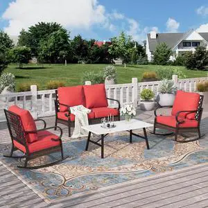 HERA'S HOUSE 4 Piece Metal Patio Furniture Set, 2 x Rocking Cushioned Chair, 2-Seat Lover Sofa with Coffee Table, All Weather Outdoor Conversation Set for Lawn Garden Backyard Deck, Red HERA'S HOUSE 4 Piece Metal Patio Furniture Set, 2 x Rocking Cushioned Chair, 2-Seat Lover Sofa with Coffee Table, All Weather Outdoor Conversation Set for Lawn Garden Backyard Deck, Red